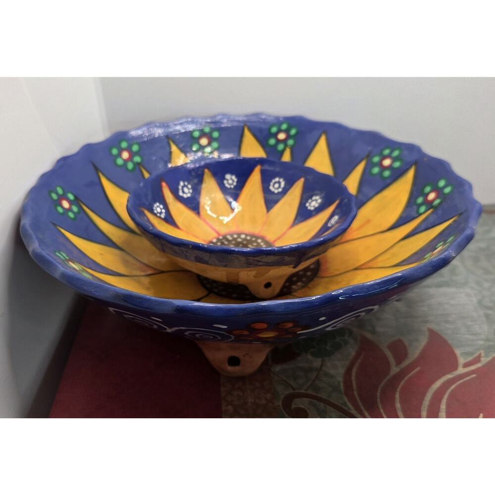 Mexican Talavera Folk Sunflower Chip and Dip Bowl Set 2 Pieces